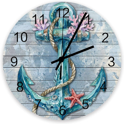 Nautical Anchor Wall Clock Silent Non Ticking Retro Pink Coral Coastal Starfish Teal Blue Large Wall Clocks Battery Operated Decor for Home Kitchen Living Room Bathroom Office School Bedroom, 10 Inch