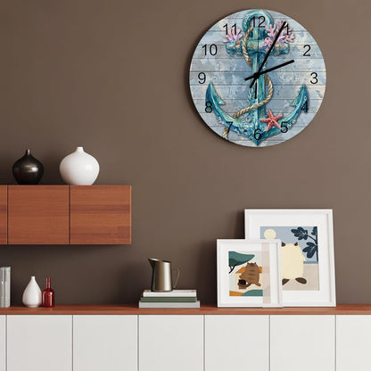 Nautical Anchor Wall Clock Silent Non Ticking Retro Pink Coral Coastal Starfish Teal Blue Large Wall Clocks Battery Operated Decor for Home Kitchen Living Room Bathroom Office School Bedroom, 10 Inch