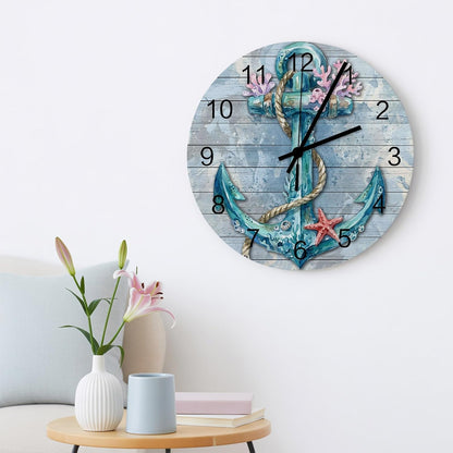 Nautical Anchor Wall Clock Silent Non Ticking Retro Pink Coral Coastal Starfish Teal Blue Large Wall Clocks Battery Operated Decor for Home Kitchen Living Room Bathroom Office School Bedroom, 10 Inch