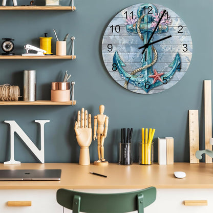 Nautical Anchor Wall Clock Silent Non Ticking Retro Pink Coral Coastal Starfish Teal Blue Large Wall Clocks Battery Operated Decor for Home Kitchen Living Room Bathroom Office School Bedroom, 10 Inch