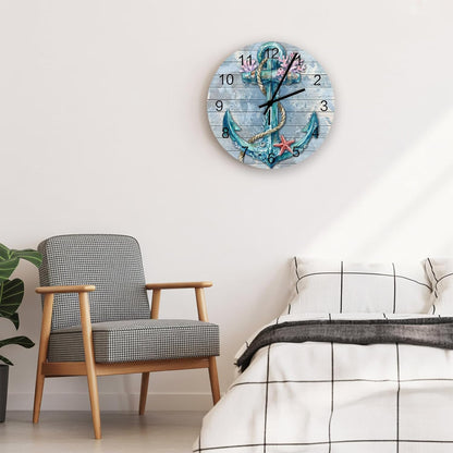 Nautical Anchor Wall Clock Silent Non Ticking Retro Pink Coral Coastal Starfish Teal Blue Large Wall Clocks Battery Operated Decor for Home Kitchen Living Room Bathroom Office School Bedroom, 10 Inch