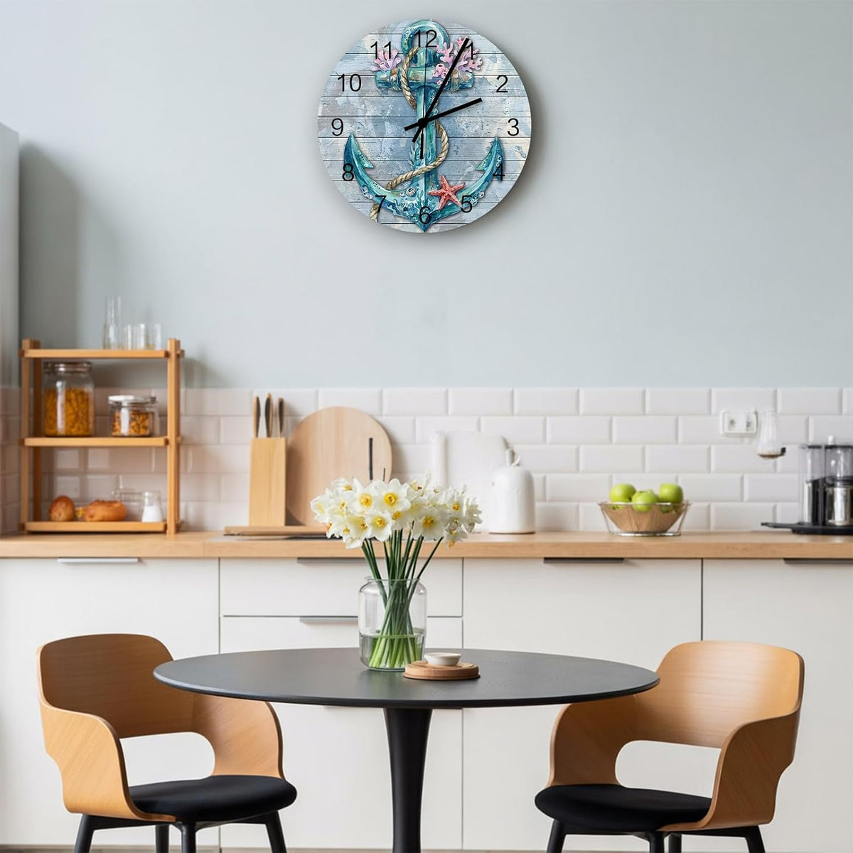 Nautical Anchor Wall Clock Silent Non Ticking Retro Pink Coral Coastal Starfish Teal Blue Large Wall Clocks Battery Operated Decor for Home Kitchen Living Room Bathroom Office School Bedroom, 10 Inch