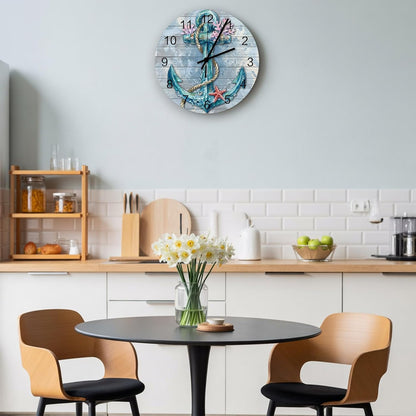 Nautical Anchor Wall Clock Silent Non Ticking Retro Pink Coral Coastal Starfish Teal Blue Large Wall Clocks Battery Operated Decor for Home Kitchen Living Room Bathroom Office School Bedroom, 10 Inch