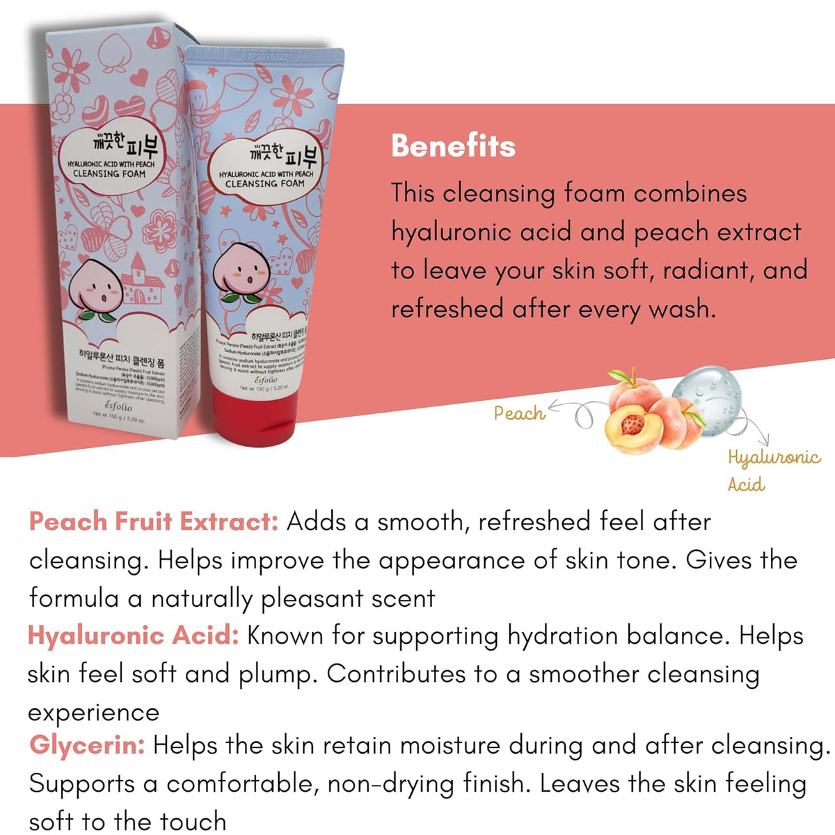 Hyaluronic Acid with Peach Cleansing Foam Face Wash – Moisturizing Facial Cleanser – Gently Removes Dirt, Oil & Impurities – Soft Creamy Foam with Hydrating Formula (5.29oz -150g)