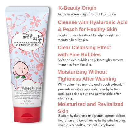 Hyaluronic Acid with Peach Cleansing Foam Face Wash – Moisturizing Facial Cleanser – Gently Removes Dirt, Oil & Impurities – Soft Creamy Foam with Hydrating Formula (5.29oz -150g)