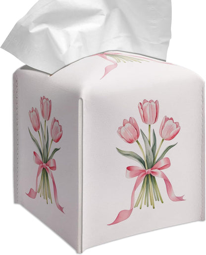 Cute Tissue Box Cover Square - Pink Tulip Bouquet & Ribbon Design 5.2" PU Leather Holder for Vanity, Desk, or Bathroom Counter - Cube Case for Facial Tissues(010)