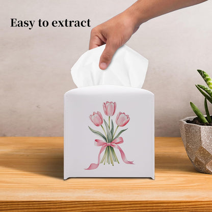 Cute Tissue Box Cover Square - Pink Tulip Bouquet & Ribbon Design 5.2" PU Leather Holder for Vanity, Desk, or Bathroom Counter - Cube Case for Facial Tissues(010)