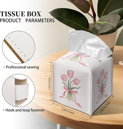 Cute Tissue Box Cover Square - Pink Tulip Bouquet & Ribbon Design 5.2" PU Leather Holder for Vanity, Desk, or Bathroom Counter - Cube Case for Facial Tissues(010)