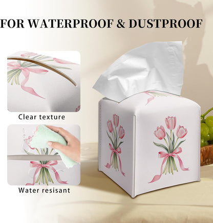 Cute Tissue Box Cover Square - Pink Tulip Bouquet & Ribbon Design 5.2" PU Leather Holder for Vanity, Desk, or Bathroom Counter - Cube Case for Facial Tissues(010)