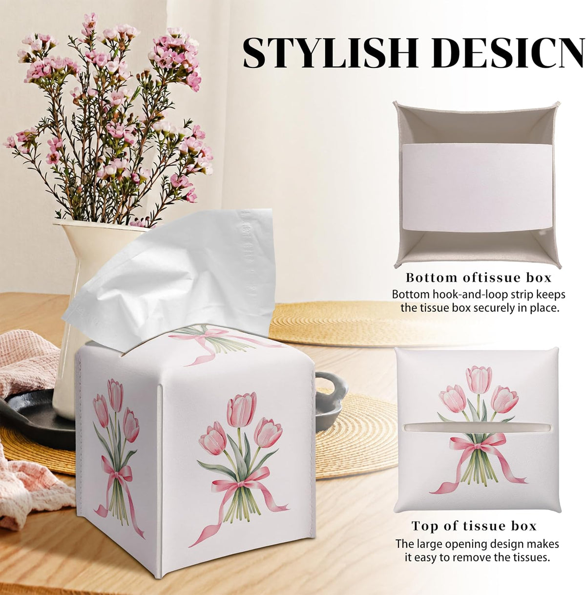 Cute Tissue Box Cover Square - Pink Tulip Bouquet & Ribbon Design 5.2" PU Leather Holder for Vanity, Desk, or Bathroom Counter - Cube Case for Facial Tissues(010)