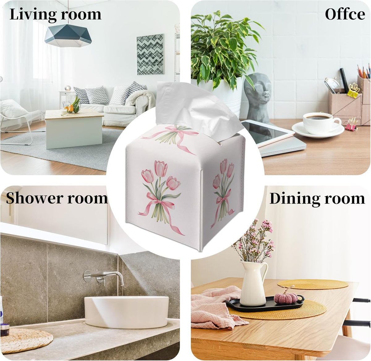 Cute Tissue Box Cover Square - Pink Tulip Bouquet & Ribbon Design 5.2" PU Leather Holder for Vanity, Desk, or Bathroom Counter - Cube Case for Facial Tissues(010)