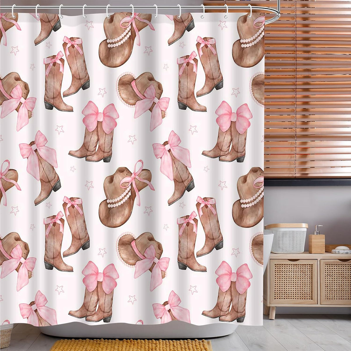 Cowgirl Bowknot Shower Curtain Set 72x72inch Pink Boots and Hat Design Ideal Holiday Bath Decor for Girls Bath Decorations with 12 Plastic Shower Hooks