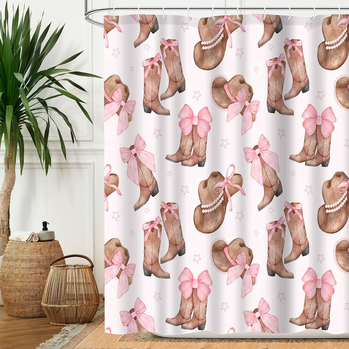 Cowgirl Bowknot Shower Curtain Set 72x72inch Pink Boots and Hat Design Ideal Holiday Bath Decor for Girls Bath Decorations with 12 Plastic Shower Hooks