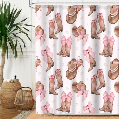 Cowgirl Bowknot Shower Curtain Set 72x72inch Pink Boots and Hat Design Ideal Holiday Bath Decor for Girls Bath Decorations with 12 Plastic Shower Hooks