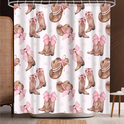 Cowgirl Bowknot Shower Curtain Set 72x72inch Pink Boots and Hat Design Ideal Holiday Bath Decor for Girls Bath Decorations with 12 Plastic Shower Hooks