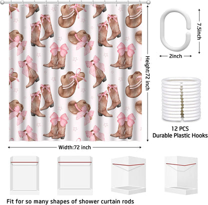 Cowgirl Bowknot Shower Curtain Set 72x72inch Pink Boots and Hat Design Ideal Holiday Bath Decor for Girls Bath Decorations with 12 Plastic Shower Hooks
