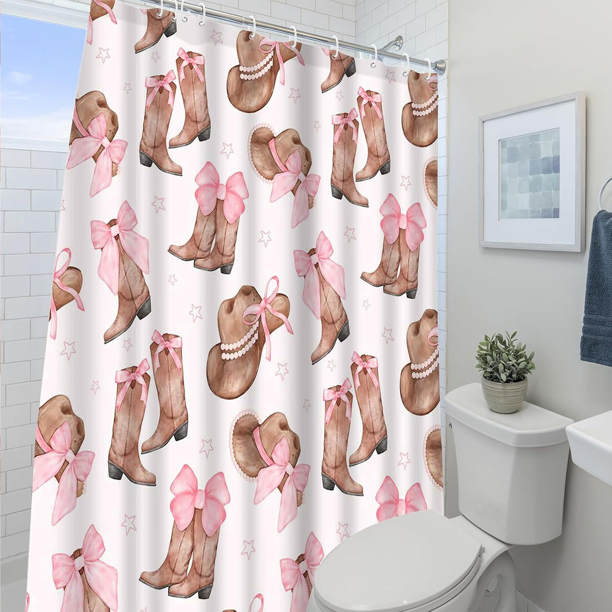 Cowgirl Bowknot Shower Curtain Set 72x72inch Pink Boots and Hat Design Ideal Holiday Bath Decor for Girls Bath Decorations with 12 Plastic Shower Hooks