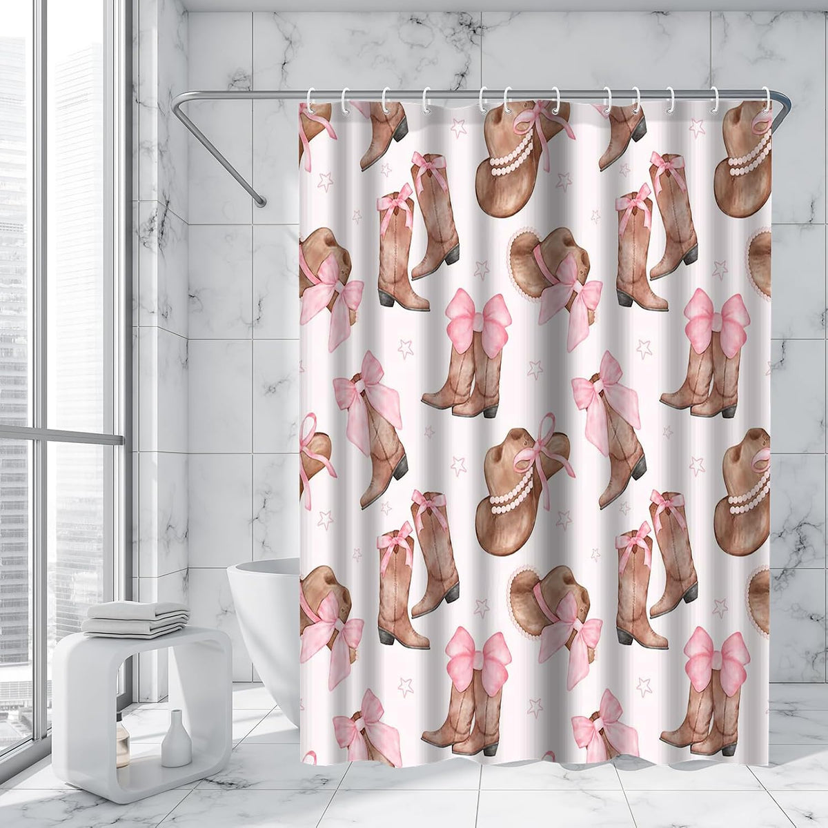 Cowgirl Bowknot Shower Curtain Set 72x72inch Pink Boots and Hat Design Ideal Holiday Bath Decor for Girls Bath Decorations with 12 Plastic Shower Hooks