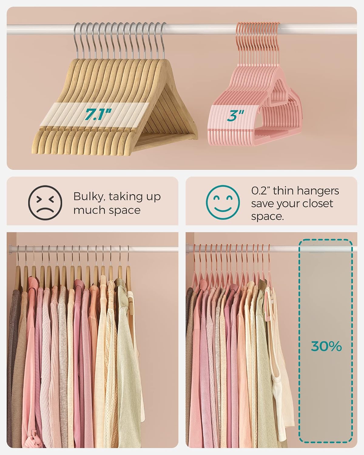 SONGMICS Pack of 50 Coat Hangers, Space-Saving Plastic Clothes Hangers