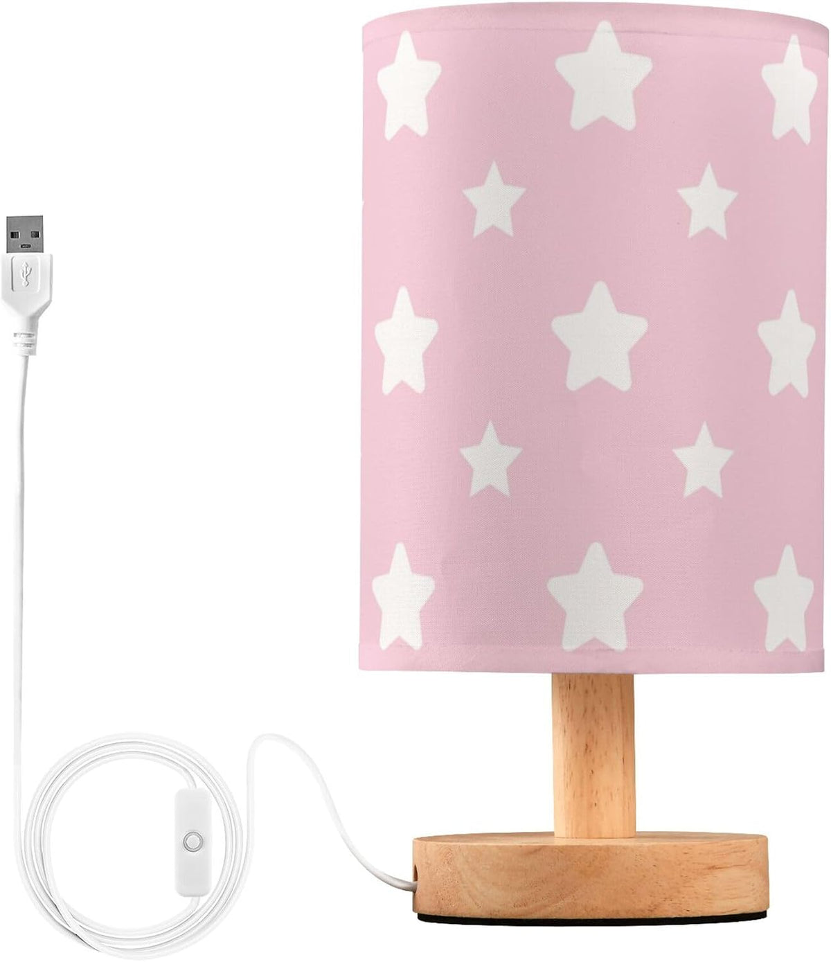 Table Lamp Pastel Pink Pattern with Star Nightstand Lamp with Wood Base Fabric Lamp Shade Bedside Desk Lamp for Living Room Bedroom Kids Room Office