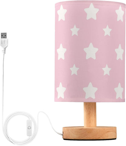 Table Lamp Pastel Pink Pattern with Star Nightstand Lamp with Wood Base Fabric Lamp Shade Bedside Desk Lamp for Living Room Bedroom Kids Room Office