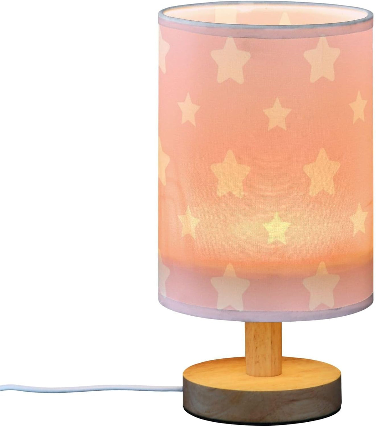 Table Lamp Pastel Pink Pattern with Star Nightstand Lamp with Wood Base Fabric Lamp Shade Bedside Desk Lamp for Living Room Bedroom Kids Room Office