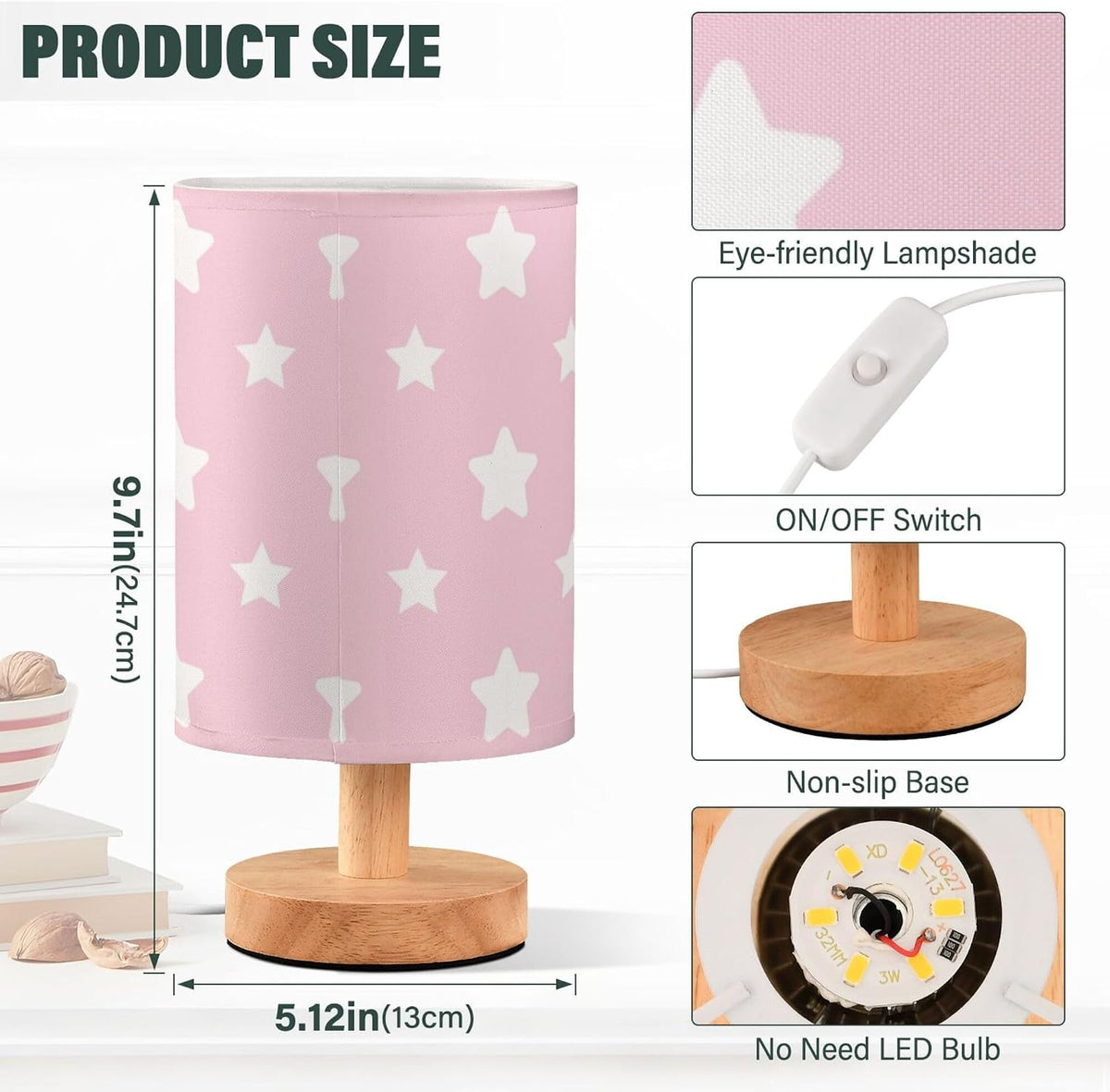 Table Lamp Pastel Pink Pattern with Star Nightstand Lamp with Wood Base Fabric Lamp Shade Bedside Desk Lamp for Living Room Bedroom Kids Room Office
