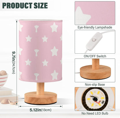 Table Lamp Pastel Pink Pattern with Star Nightstand Lamp with Wood Base Fabric Lamp Shade Bedside Desk Lamp for Living Room Bedroom Kids Room Office