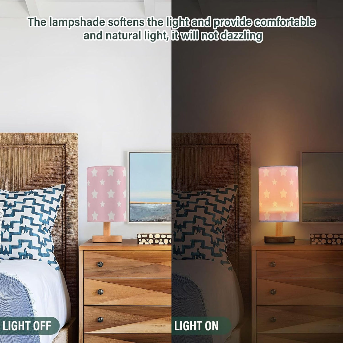 Table Lamp Pastel Pink Pattern with Star Nightstand Lamp with Wood Base Fabric Lamp Shade Bedside Desk Lamp for Living Room Bedroom Kids Room Office