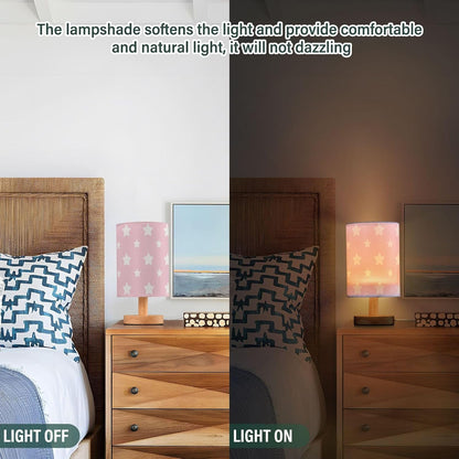 Table Lamp Pastel Pink Pattern with Star Nightstand Lamp with Wood Base Fabric Lamp Shade Bedside Desk Lamp for Living Room Bedroom Kids Room Office