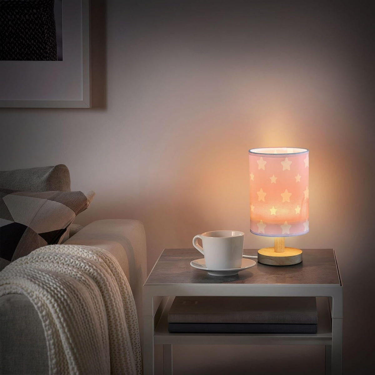 Table Lamp Pastel Pink Pattern with Star Nightstand Lamp with Wood Base Fabric Lamp Shade Bedside Desk Lamp for Living Room Bedroom Kids Room Office