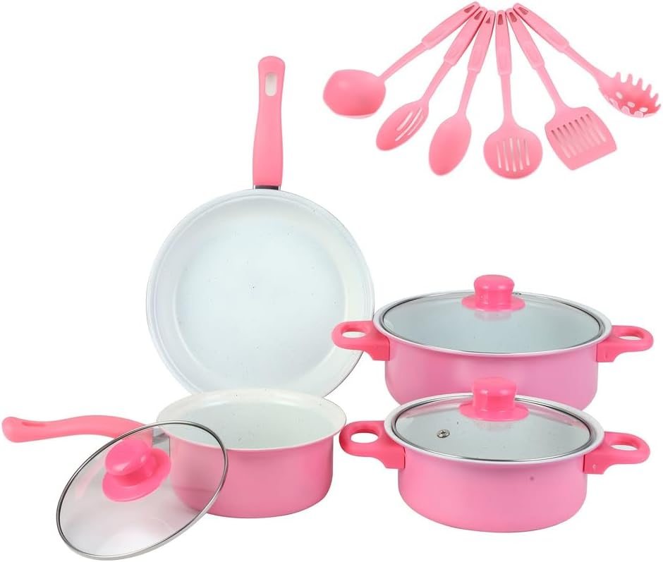 12-Piece Non-Stick Cookware Set Deep Frying Pan with Lid Milk Pot Maifan Stone Frying Pan Cooking Pot Set for All Types of Cooker