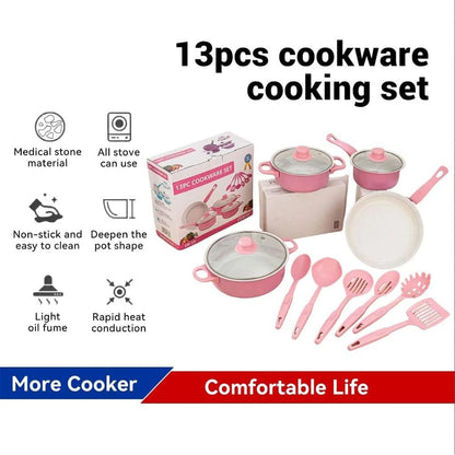 12-Piece Non-Stick Cookware Set Deep Frying Pan with Lid Milk Pot Maifan Stone Frying Pan Cooking Pot Set for All Types of Cooker