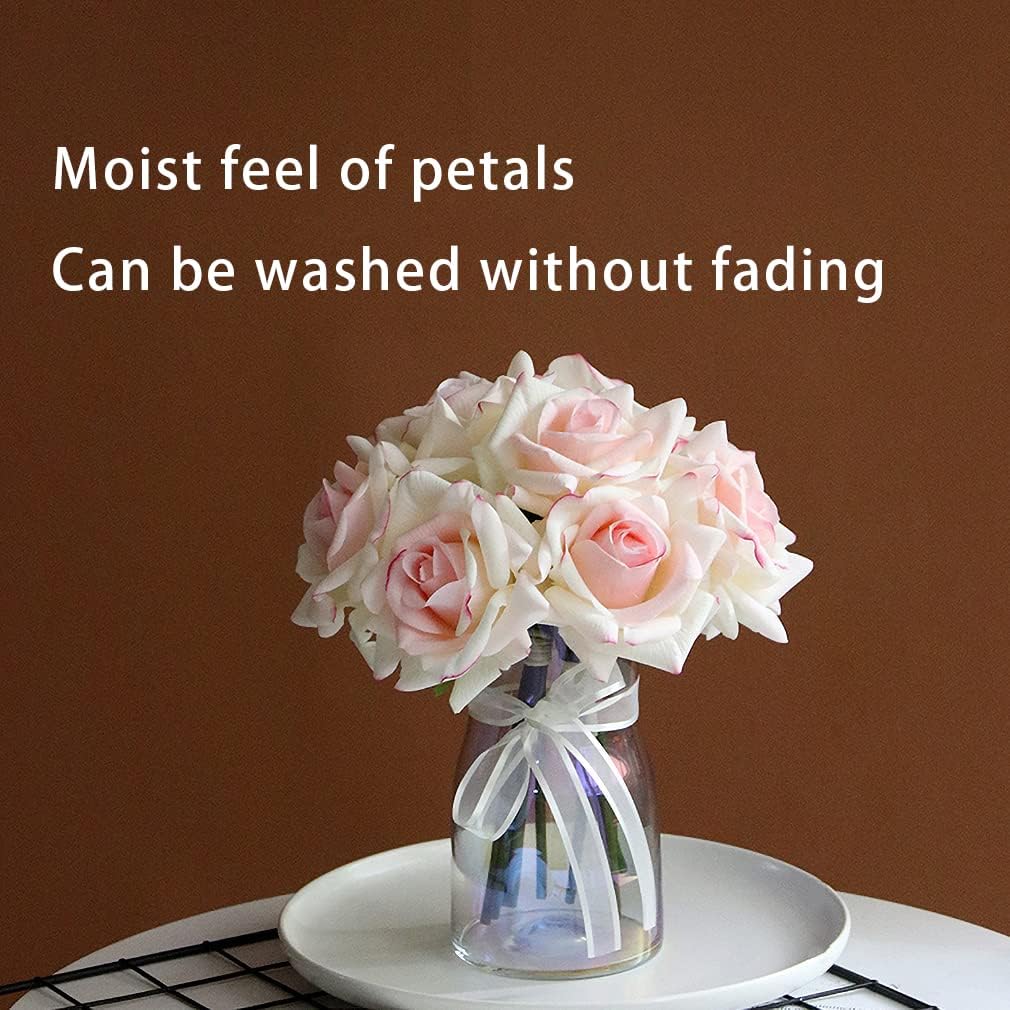 Artificial Roses Single Stem 10pcs Fake Silk Flower Arrangement Bouquet for Home Party Wedding Decoration(Pink Edge)