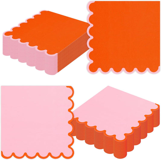 JarThenaAMCS 100 Pcs Scalloped Paper Napkins Cocktail Napkins Orange Pink Disposable Beverage Napkin Hand Towels for Birthday Baby Shower Drink Pastel Party Table Decor Supplies