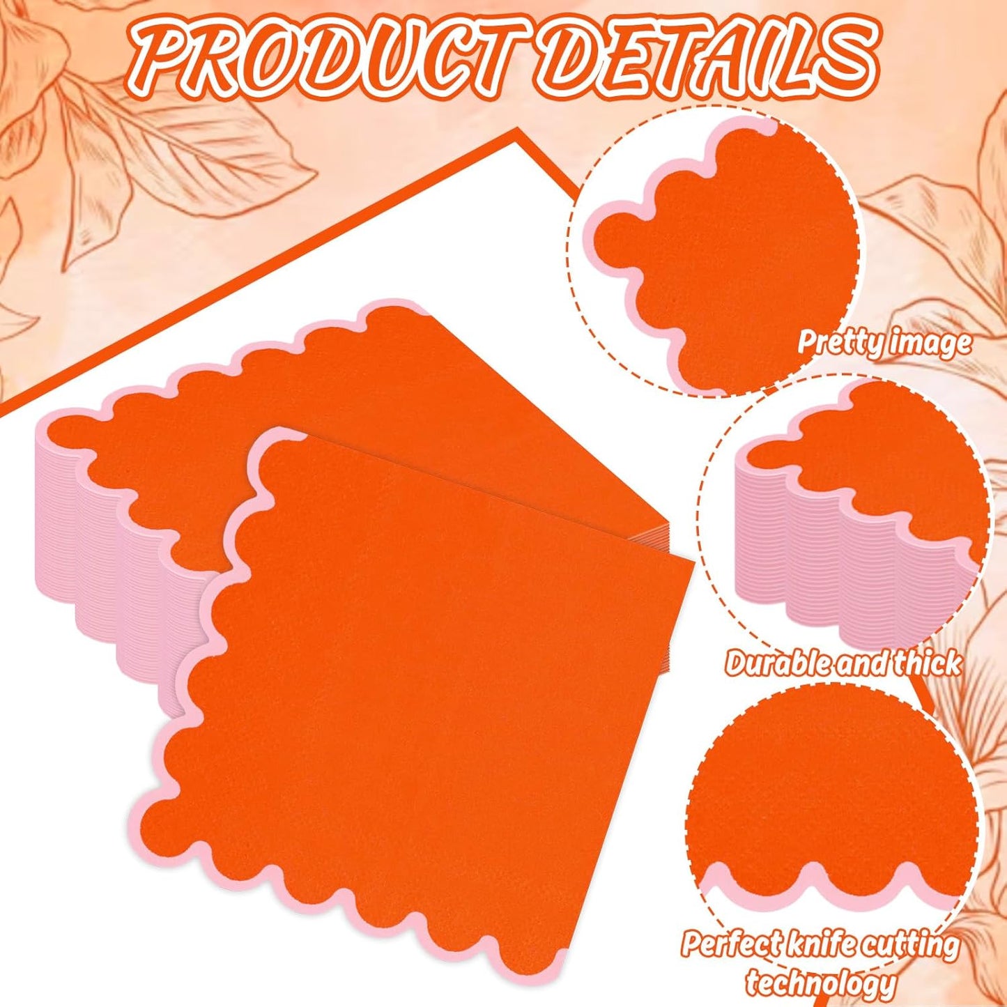 JarThenaAMCS 100 Pcs Scalloped Paper Napkins Cocktail Napkins Orange Pink Disposable Beverage Napkin Hand Towels for Birthday Baby Shower Drink Pastel Party Table Decor Supplies