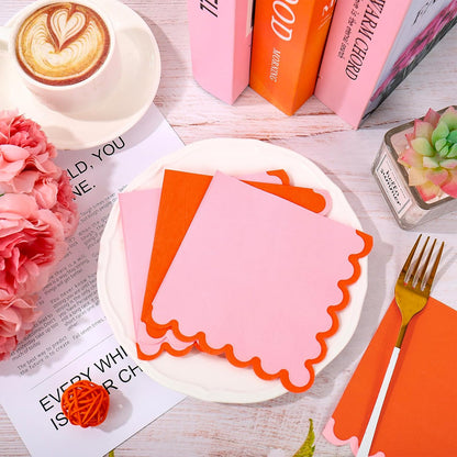 JarThenaAMCS 100 Pcs Scalloped Paper Napkins Cocktail Napkins Orange Pink Disposable Beverage Napkin Hand Towels for Birthday Baby Shower Drink Pastel Party Table Decor Supplies
