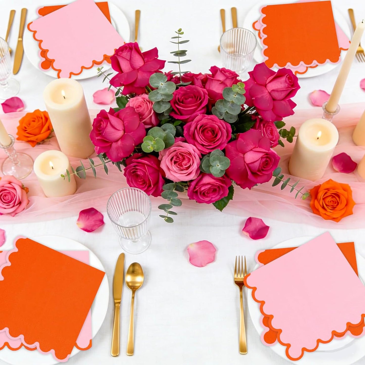 JarThenaAMCS 100 Pcs Scalloped Paper Napkins Cocktail Napkins Orange Pink Disposable Beverage Napkin Hand Towels for Birthday Baby Shower Drink Pastel Party Table Decor Supplies