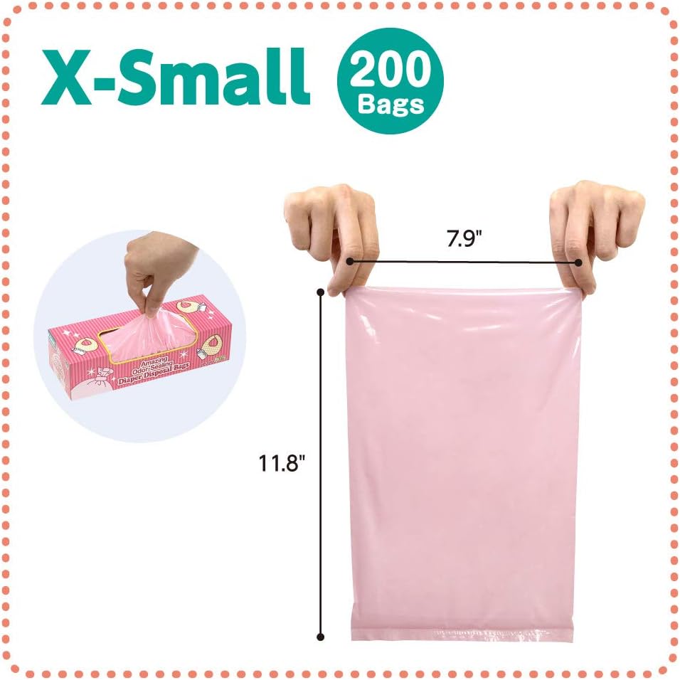 Amazing Odor Sealing Baby Diaper Disposal Bags - Durable and Unscented [Size: XS, Color: Pink] (200 count, Pack of 1) (200 Bags)