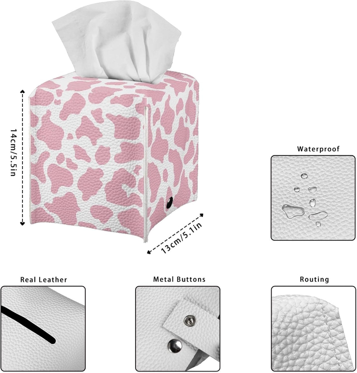 Pink Cow Print PU Leather Tissue Box Cover Square Facial Tissue Holder Facial Paper Organizer Dispenser for Bathroom,Vanity Countertop,Tabletop,Car