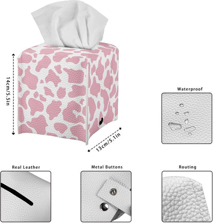 Pink Cow Print PU Leather Tissue Box Cover Square Facial Tissue Holder Facial Paper Organizer Dispenser for Bathroom,Vanity Countertop,Tabletop,Car