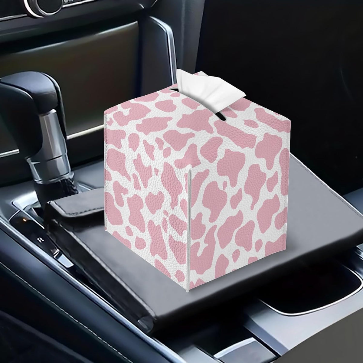 Pink Cow Print PU Leather Tissue Box Cover Square Facial Tissue Holder Facial Paper Organizer Dispenser for Bathroom,Vanity Countertop,Tabletop,Car