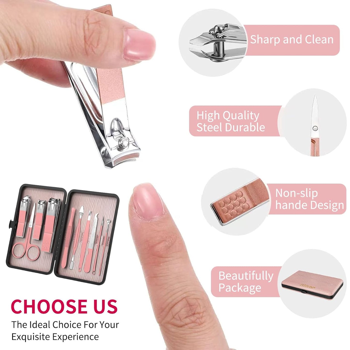 Travel Mini Manicure Set Nail Clipper Set 10 in 1 Stainless Steel Pedicure Care Grooming kit with Case Pink
