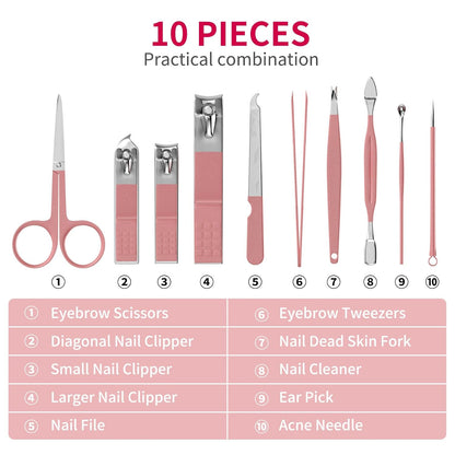 Travel Mini Manicure Set Nail Clipper Set 10 in 1 Stainless Steel Pedicure Care Grooming kit with Case Pink