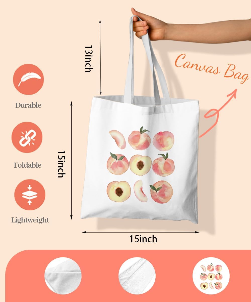 Pink Fruit Cute Canvas Tote Bag for Women Teens Girls,Cute Small Work Travel Shopping Tote Bags Grocery Reusable Bags