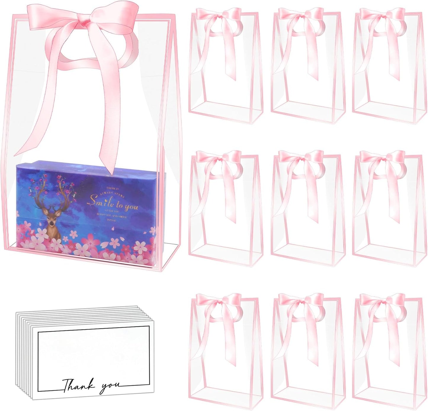 15Pack Clear Plastic Gift Bags with Handle,Reusable PP Gift Wrap Tote Bags with Ribbon for Wedding Bridal Birthday Party Baby Shower Goodies Graduation Shopping Business, 7x10x3.15 Inch (Pink)