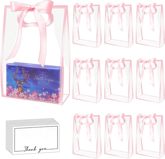 15Pack Clear Plastic Gift Bags with Handle,Reusable PP Gift Wrap Tote Bags with Ribbon for Wedding Bridal Birthday Party Baby Shower Goodies Graduation Shopping Business, 7x10x3.15 Inch (Pink)