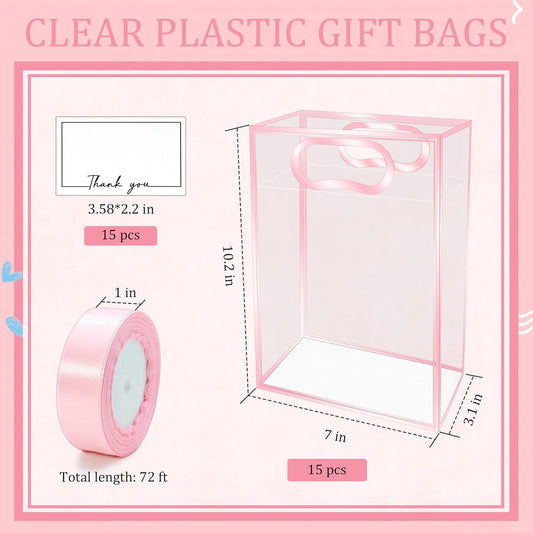 15Pack Clear Plastic Gift Bags with Handle,Reusable PP Gift Wrap Tote Bags with Ribbon for Wedding Bridal Birthday Party Baby Shower Goodies Graduation Shopping Business, 7x10x3.15 Inch (Pink)