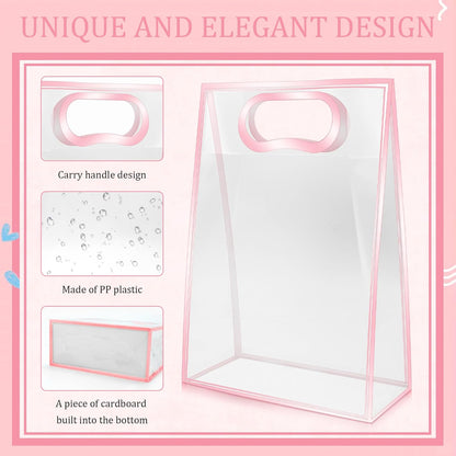 15Pack Clear Plastic Gift Bags with Handle,Reusable PP Gift Wrap Tote Bags with Ribbon for Wedding Bridal Birthday Party Baby Shower Goodies Graduation Shopping Business, 7x10x3.15 Inch (Pink)