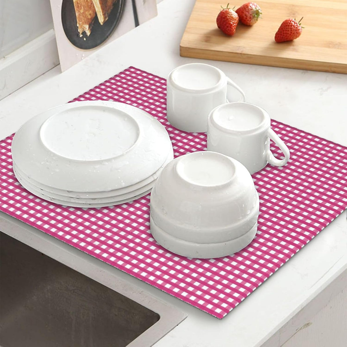 Pink Gingham Print Microfiber Dish Drying Mat for Kitchen Counter 16x18 in Super Absorbent Drying Pad for Countertops, Sinks, Draining Racks with Hanging